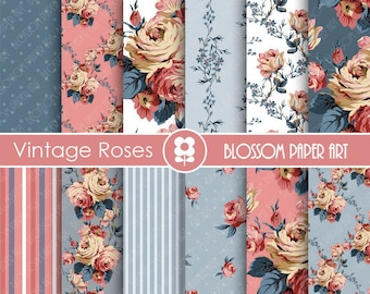 Rose Digital Paper, Pink Blue Floral Digital Paper Pack, Pink Roses, Scrapbooking, Roses, Pink VIntage Roses - INSTANT DOWNLOAD - 1706