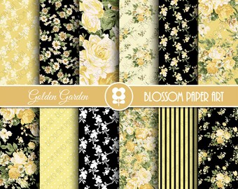 Floral Gold and Black Digital Paper Pack: Scrapbooking (Instant Download)