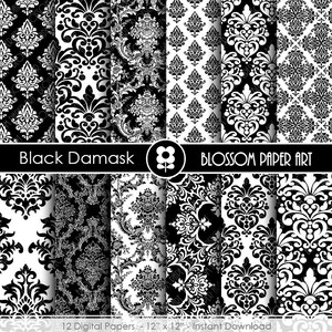 May include: Twelve digital papers featuring black and white damask patterns. The papers are 12 inches by 12 inches and are available for instant download. The text "Black Damask" and "BLOSSOM PAPER ART" is included in the image.