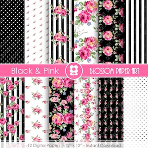 Pink and Black Floral Digital Paper Pack: Roses Scrapbooking (Digital Download)