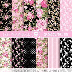 Light Pink Floral Digital Paper, Pink and Black Digital Paper Pack, Floral Digital Scrapbooking Pack - INSTANT DOWNLOAD - 2009