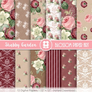 Pastel Paper Pack, Blush Pink Rose Gold Teal Sage Romantic Planner  Stickers, Floral Fabric, Roses Peonies Digital Designer Paper Pad 