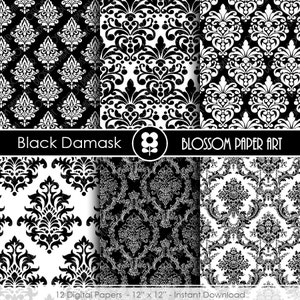 May include: Set of 12 digital papers featuring black and white damask patterns. Each paper is 12 inches by 12 inches.  The papers are perfect for scrapbooking, card making, and other crafting projects.