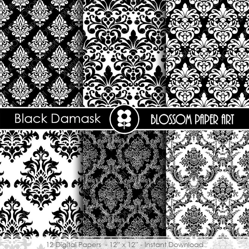 Black White Damask Digital Paper Damask Digital Scrapbooking Etsy
