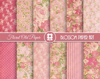 Pink Floral Digital Paper, Shabby Chic Digital Paper Pack, Vintage Scrapbook Paper, Roses Scrapbook Paper Pack  - INSTANT DOWNLOAD  - 1970