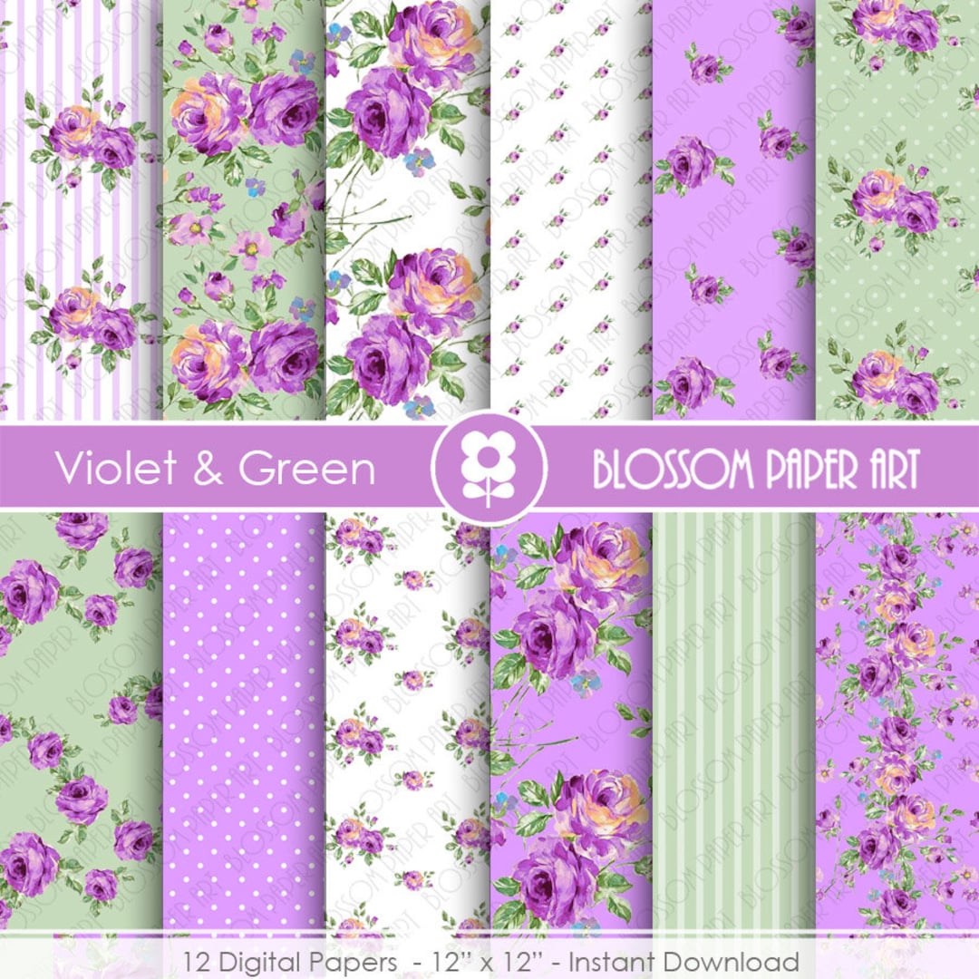 Paper Roses Violet Violet Floral Papers, Rose Digital Paper Pack, Violet Green Digital ...