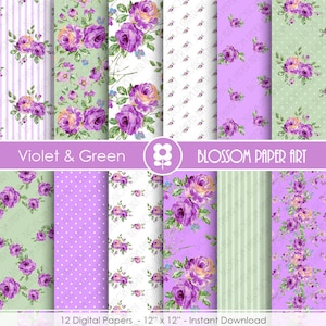 Violet Floral Papers, Rose Digital Paper Pack, Violet Green Digital Scrapbooking, Rose Papers - NATYCHMIASTOWE POBIERANIE - 1901