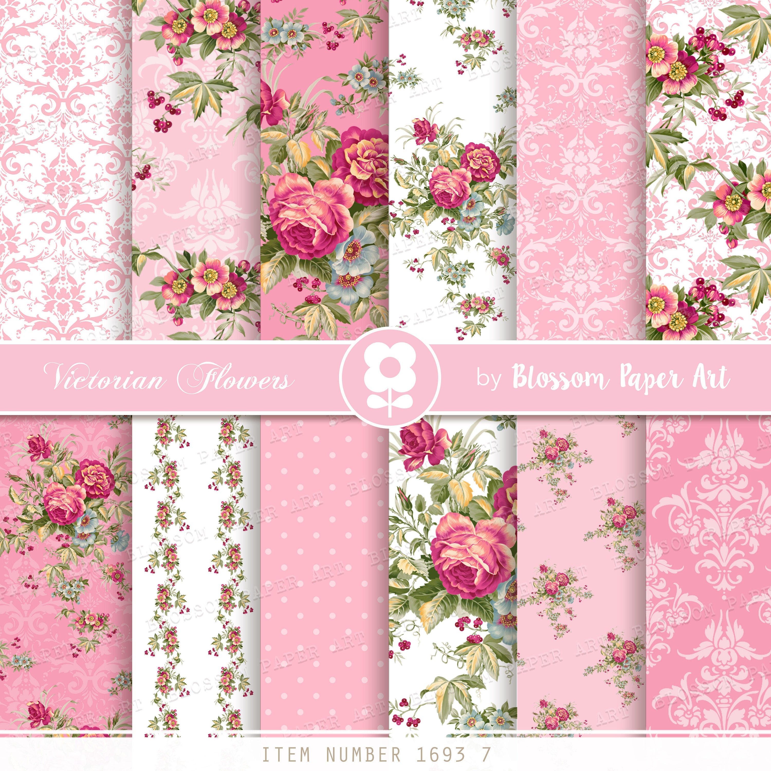 Pink Floral Papers, Light Blue Floral Paper Pack, Digital