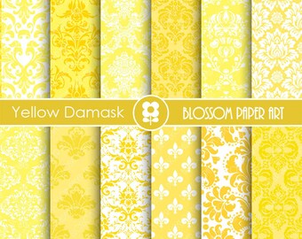 Yellow Digital Paper, Yellow Damask Digital Paper  Scrapbook Paper Pack, Scrapbooking - INSTANT DOWNLOAD  - 1759