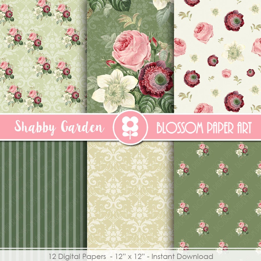 Green Rose Digital Paper Pack: Vintage Shabby Chic Scrapbook (digital ...
