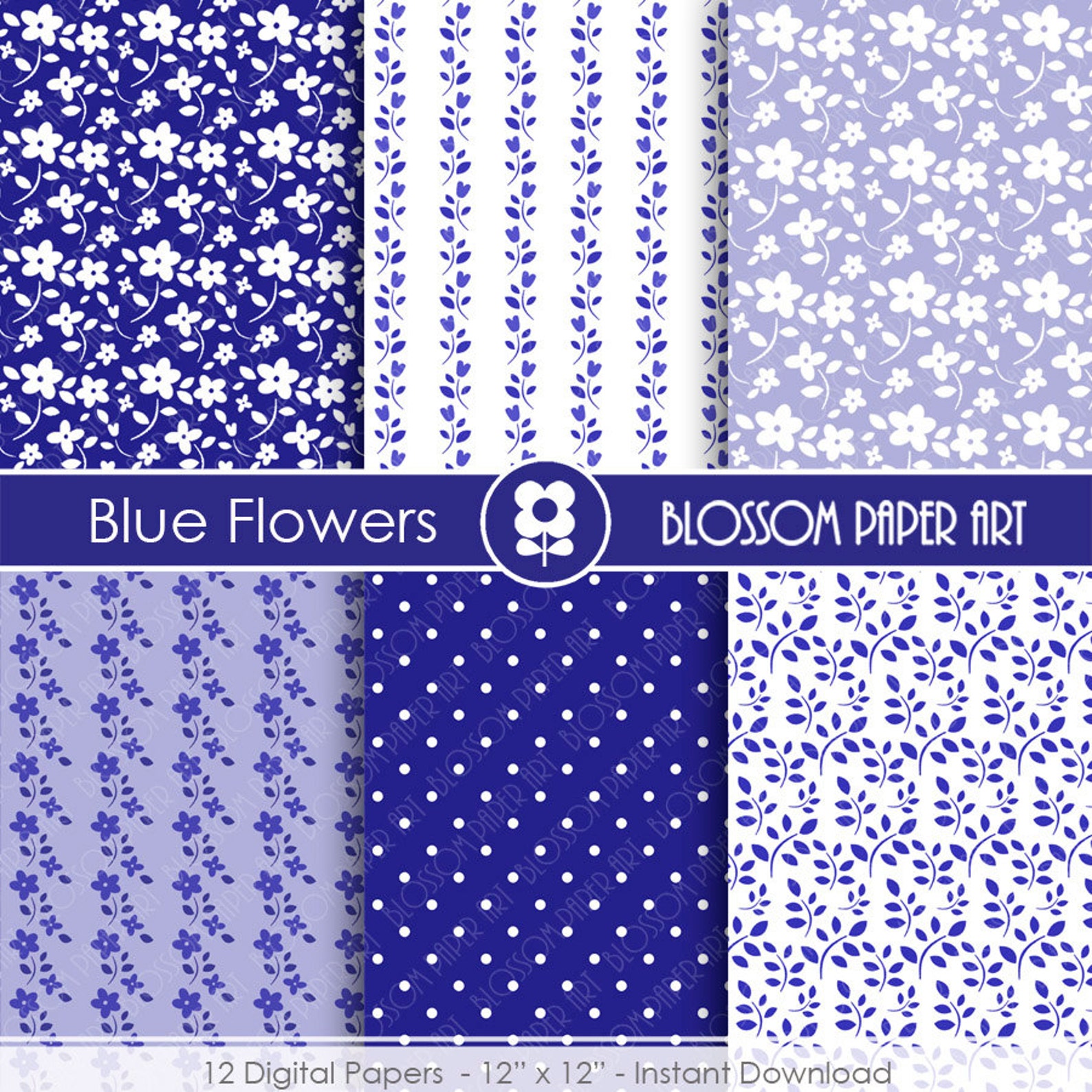 Blue Digital Paper Blue Flowers Scrapbooking Paper Pack Blue Etsy