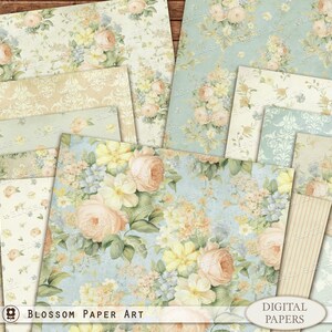 Pode incluir: Um conjunto de 10 papéis digitais com padrões florais em tons de azul, amarelo e branco. Os papéis têm um estilo vintage e romântico e são perfeitos para scrapbooking, criação de cartões e outros projetos de artesanato. O texto "Blossom Paper Art" e "Digital Papers" é visível na imagem.