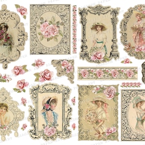 Vintage Roses Ephemera: Junk Journal Cards, Printable Collage Sheet (Digital Download)