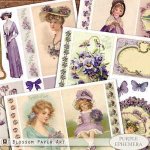 Papiers éphémères violets, cartes de visite indésirables, cartes postales vintage, papiers éphémères imprimables, kit numérique, images anciennes à imprimer, téléchargement numérique 2963