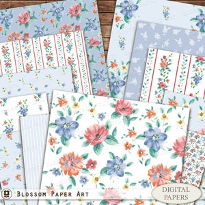 Papier numérique bleu, papier scrapbook pour bébé, papier floral minable, fleurs de papier peint vintage, baby shower, crèche, papiers pour enfants 2949