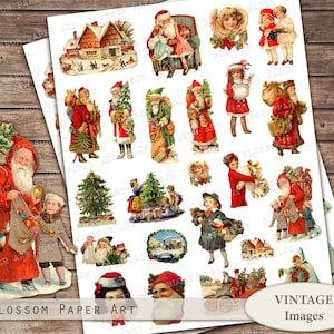 May include: A collection of vintage Christmas images featuring Santa Claus, children, and holiday scenes. The images are printed on white paper and are perfect for scrapbooking, card making, or other craft projects.