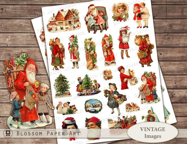 May include: A collection of vintage Christmas images featuring Santa Claus, children, and holiday scenes. The images are printed on white paper and are perfect for scrapbooking, card making, or other craft projects.