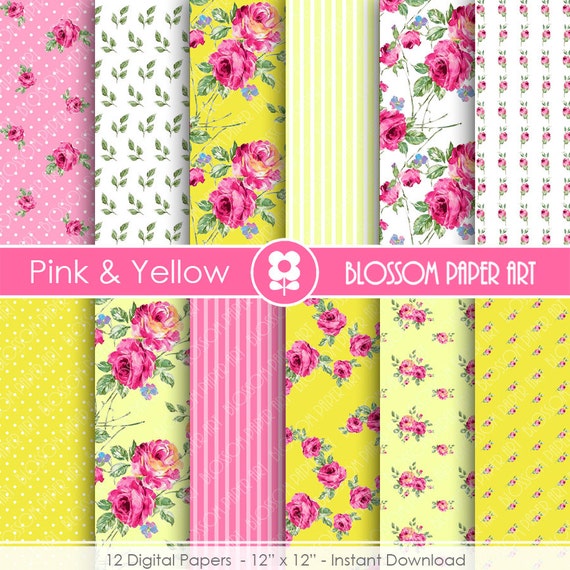 Pink Floral Papers Yellow Floral Paper Pack Digital | Etsy