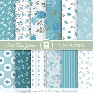 Teal Digital Papier, Floral Digital Papiere, Floral Digital Scrapbooking Pack - Blau - Teal Rose Papiere - INSTANT DOWNLOAD - 1998