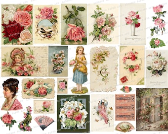 Floral Vintage Ephemera Collage Sheet: Junk Journal Karten (Digitaler Download)