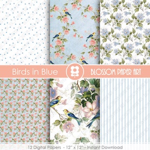 May include: Twelve digital papers featuring a blue and white polka dot pattern, a blue and white striped pattern, and four different floral patterns with birds. The floral patterns feature pink and white flowers with blue birds on branches. The text "Birds in Blue" and "BLOSSOM PAPER ART" is at the top of the image. The text "12 Digital Papers - 12" x 12" - Instant Download" is at the bottom of the image.