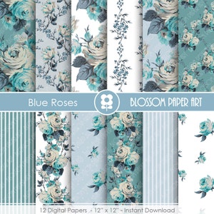 Rose Digital Paper, Blue Rose Digital Paper Pack, Blue Roses, Wedding, Scrapbooking, Roses, BlueVIntage Roses - INSTANT DOWNLOAD  - 1888