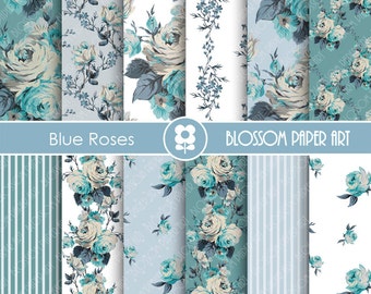 May include: Twelve digital papers featuring blue roses in various patterns. The papers are 12 inches by 12 inches and are available for instant download. The text "Blue Roses" and "Blossom Paper Art" is included in the image.