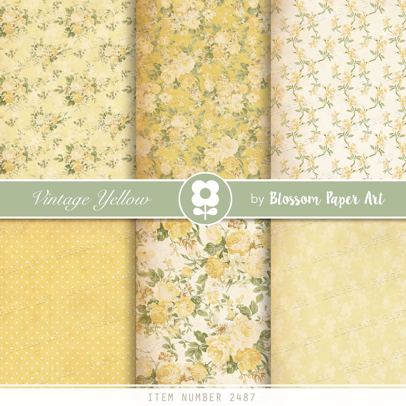 Pu&ograve; includere: Un set di sei design di carta digitale con motivi floreali gialli su sfondo bianco. I motivi includono un piccolo motivo floreale, un grande motivo floreale, un motivo a pois e un motivo giallo pieno. Il testo "Vintage Yellow" e "Blossom Paper Art" &egrave; incluso nell'immagine. Il testo "Item Number 2487" &egrave; anche incluso nell'immagine.