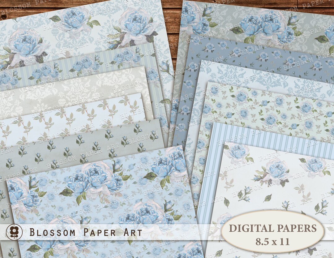 Blue Roses Digital Paper: Vintage Floral Collage Sheets (digital ...