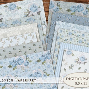 Carta digitale Rose blu, Carta Scrapbook, Junk Journal Pagine floreali, Vintage Ephemera Digital Download 2827A4
