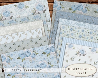 May include: A set of 12 digital papers featuring blue and white floral patterns with roses and leaves. The papers are 8.5 x 11 inches and are perfect for scrapbooking, card making, and other crafting projects.