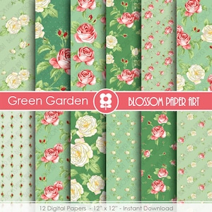 Green Scrapbook Paper Floral Digital Paper  Roses Digital Paper Pack, Floral digital backgrounds - 1843