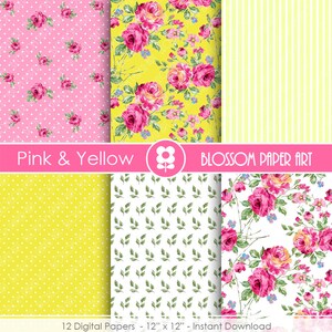Pink Floral Papers, Yellow Floral Paper Pack, Digital Scrapbooking ...