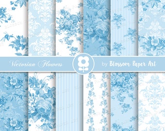 May include: A set of 10 digital paper patterns featuring Victorian-style blue flowers on a white and light blue background. The patterns include floral bouquets, damask, stripes, and small floral designs. The text "Victorian Flowers by Blossom Paper Art" and "ITEM NUMBER 1963 16" are included in the image.