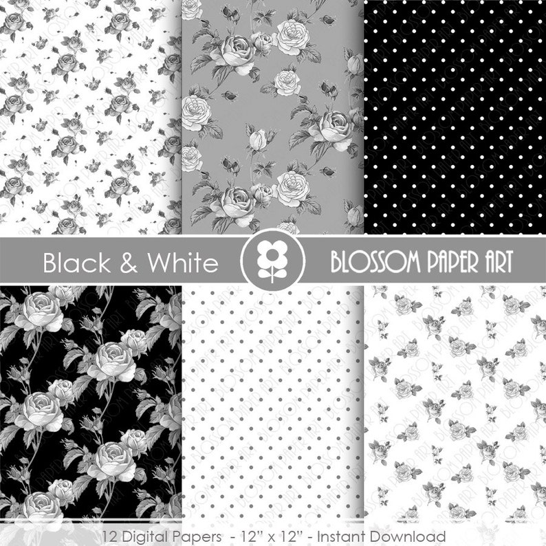 Black and White Floral Paper Rose Digital Paper Pack Roses Etsy