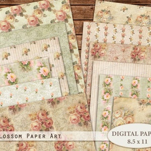 Papel digital floral, papel de álbum de recortes vintage, folha de colagem de rosas com textura antiga, papéis digitais de diário de lixo, álbum de recortes digital floral 2724