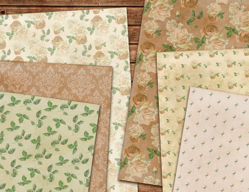 May include: A set of six digital paper patterns featuring floral designs in shades of beige, brown, and green. The patterns include roses, leaves, and damask.