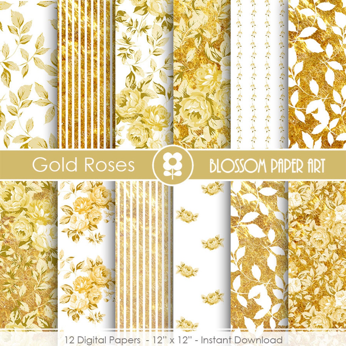 Gold Digital Paper Gold Digital Paper Roses Scrapbook Paper Etsy