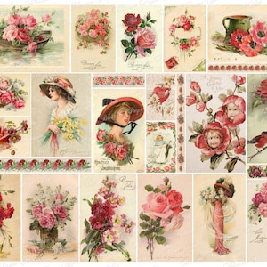 Pink Ephemera, Cartes postales florales, Ephemera imprimable pour journal de pacotille, Feuille de collage numérique, Fournitures numériques de journalisation 2899