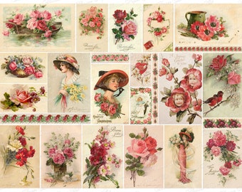 Florale Ephemera: Rosa Rose Postkarten, Junk Journal Collage (Digitaler Download)