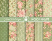 Vintage Floral Digital Paper Pack: Green Roses, Shabby Chic (Instant Download)