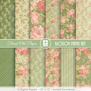 Vintage Floral Digital Paper Pack: Green Roses, Shabby Chic (Instant Download)