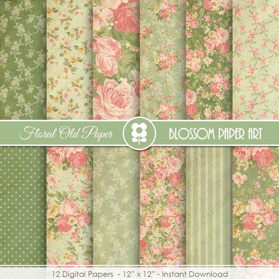 Floral Digital Paper Floral Vintage Digital Paper Pack Green Etsy