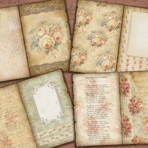 May include: A set of six vintage-style digital paper backgrounds featuring floral patterns, handwritten text, and musical notes. The papers are in shades of cream, brown, and pink.