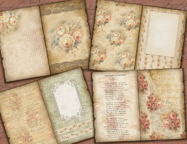 May include: A set of six vintage-style digital paper backgrounds featuring floral patterns, handwritten text, and musical notes. The papers are in shades of cream, brown, and pink.