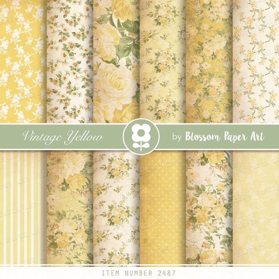 Yellow Floral Digital Paper Pack: Vintage Rose Scrapbook (Digital Download)