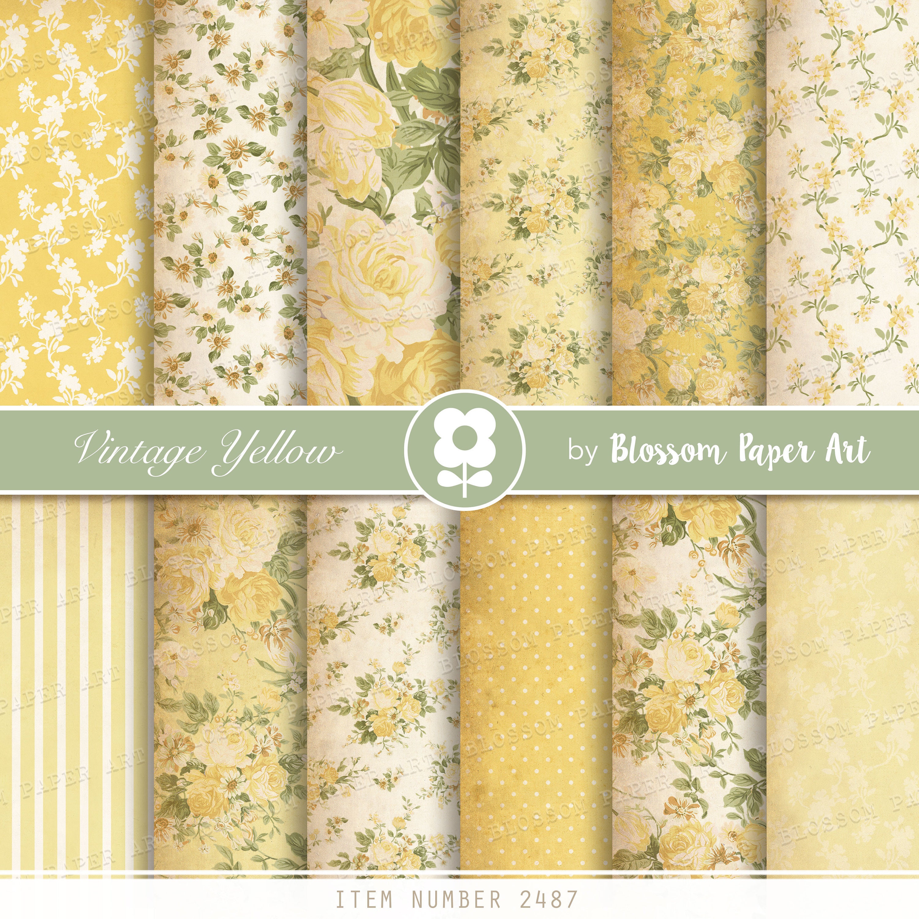 Yellow and Black Floral Paper, Digital Scrapbook Paper, Shabby
