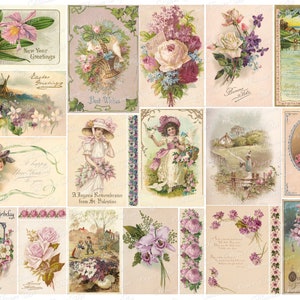 Purple Ephemera, Junk Journal Ephemera, Feuille de collage imprimable, Roses, Cartes postales, Femmes, Bordures anciennes illustrations Téléchargement numérique 2897