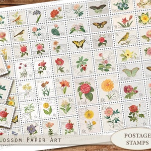 Sellos postales delicados Sellos florales imprimibles, Diario basura efímera, Pegatinas Sellos Digital Download Sheet 2524