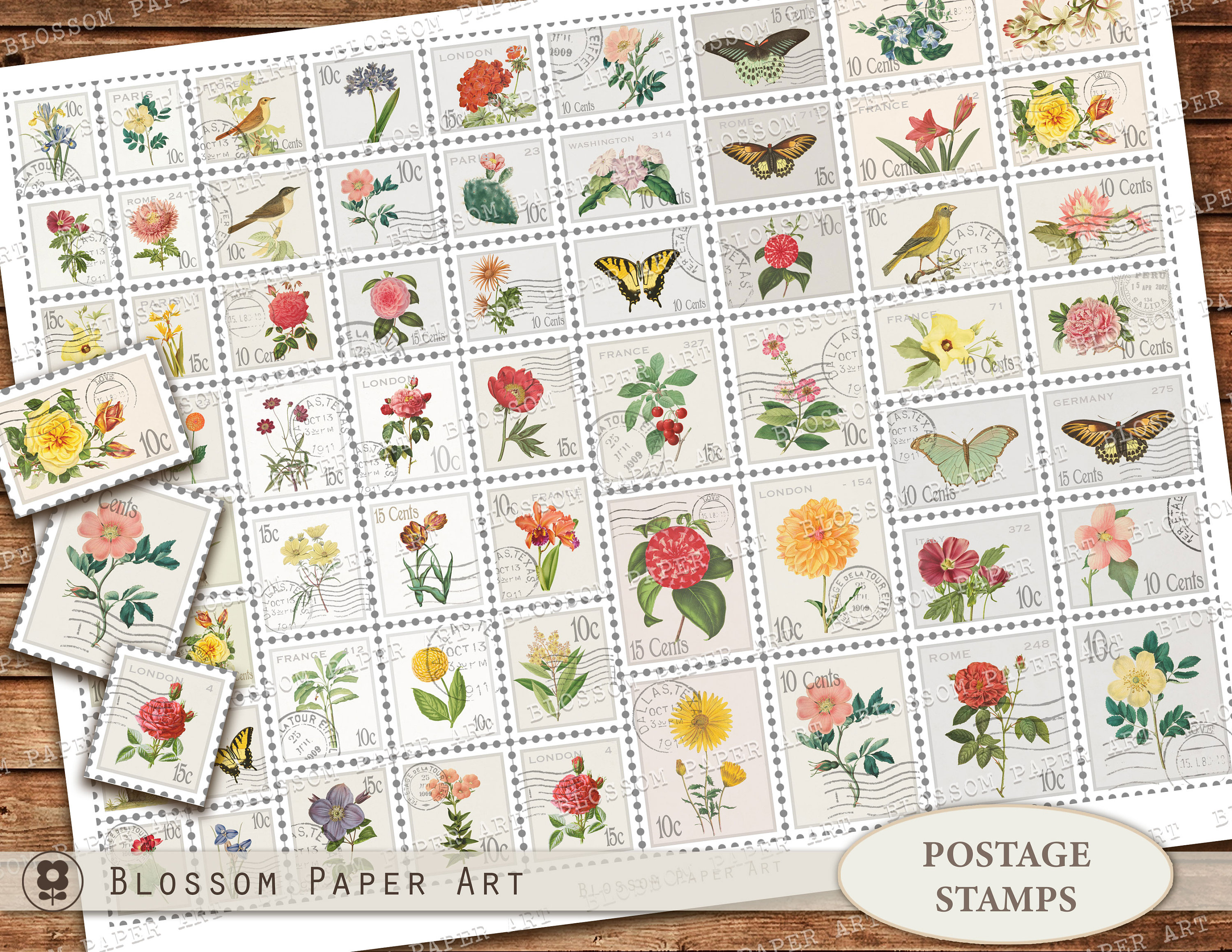 Floral Stickers Vintage Faux Stamps Graphic by Summer Digital